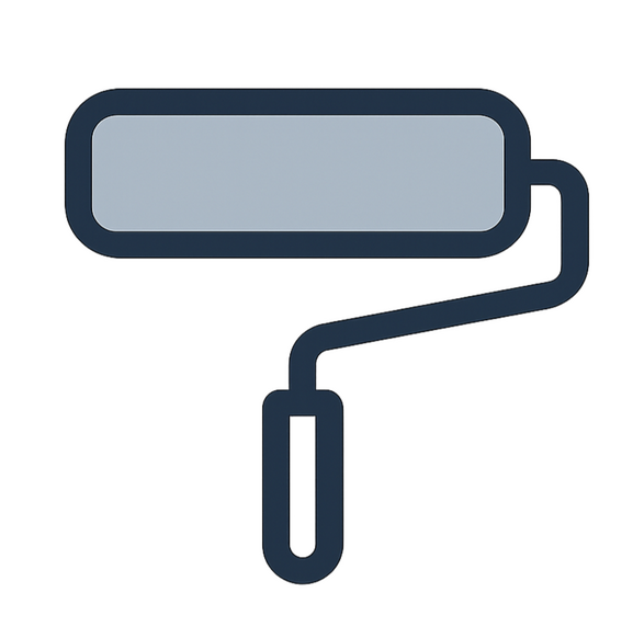 Icon representing interior painting – paint roller and wall graphic in dark blue